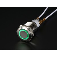 Rugged Metal Pushbutton with Blue LED Ring - 16mm GREEN Momentary